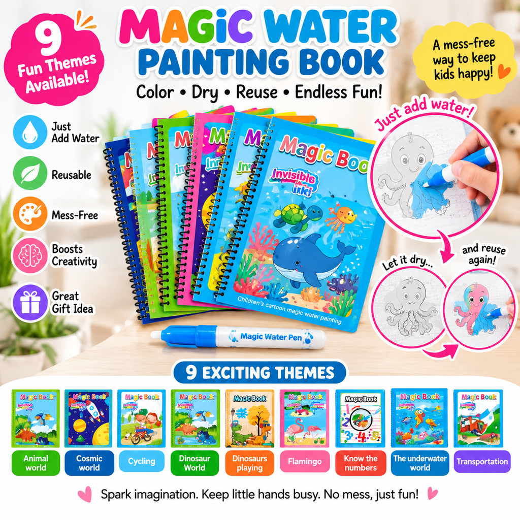 Kids’ Reusable Magic Water Painting Book with Water Pen